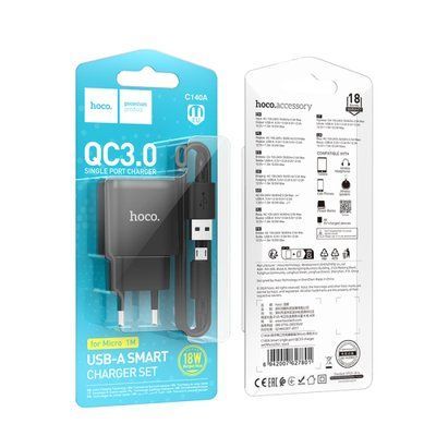 МЗП HOCO C140A Smart single port QC3.0 charger set 18W (QC/FCP/AFC) +Micro White 00000000825 фото
