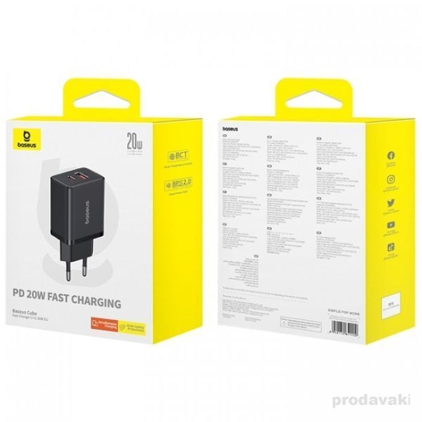 МЗП Baseus Cube Fast Charger C+U 20W EU Cluster Black P10111403113-00 00000000734 фото
