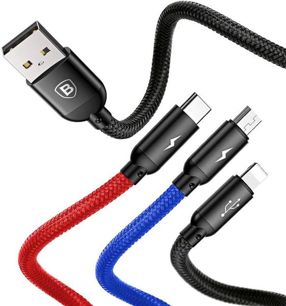 Кабель Baseus 3-in-1 Cable USB For M+L+T 3.5A 1.2M Black (CAMLT-BSY01) 00000000071 фото