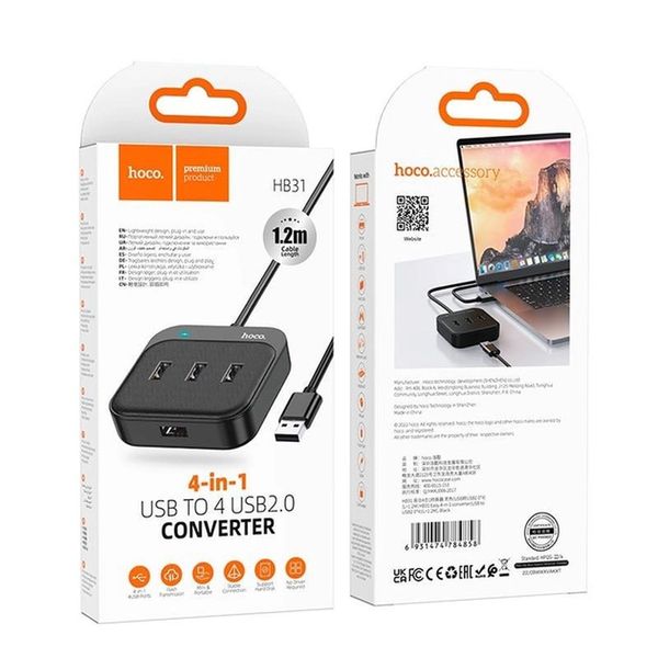 USB-хаб (адаптер) Hoco HB31 Easy 4-in-1 converter(USB to USB2.0*4)(L=1.2M) Gray 00000002022 фото