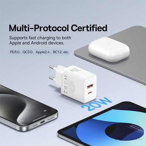 МЗП Baseus Cube Fast Charger C+U 20W EU Cluster White P10111403213-00 00000000735 фото