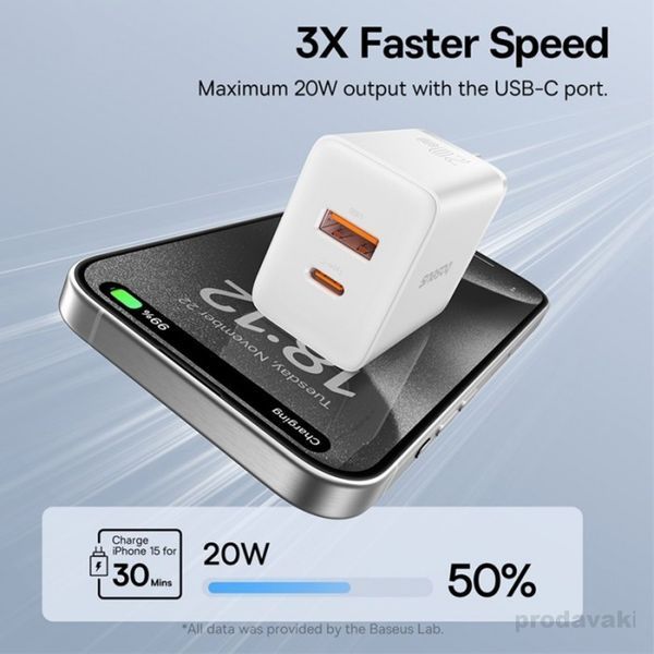 МЗП Baseus Cube Fast Charger C+U 20W EU Cluster White P10111403213-00 00000000735 фото