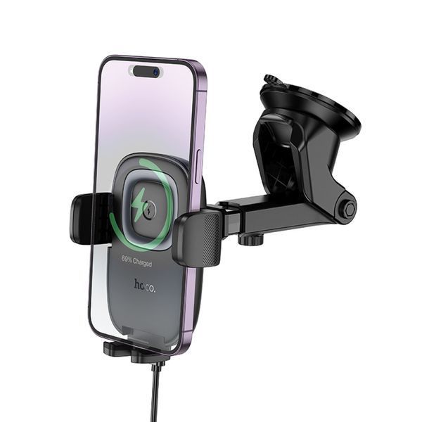 Бездротовий АЗП Hoco HW32 Crown push-type wireless charging car holder(center console) black metal 00000000891 фото