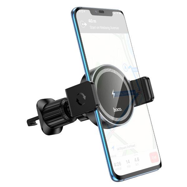 Бездротовий АЗП Hoco HW32 Crown push-type wireless charging car holder(center console) black metal 00000000891 фото