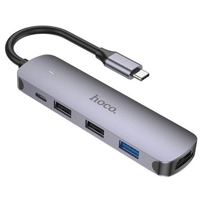 USB-хаб (адаптер-перехідник) Type-C(PD) Hoco HB27 Type-C multi-function converterHDTV+USB3.0+USB2.0*2+PD Metal Grey 00000002015 фото