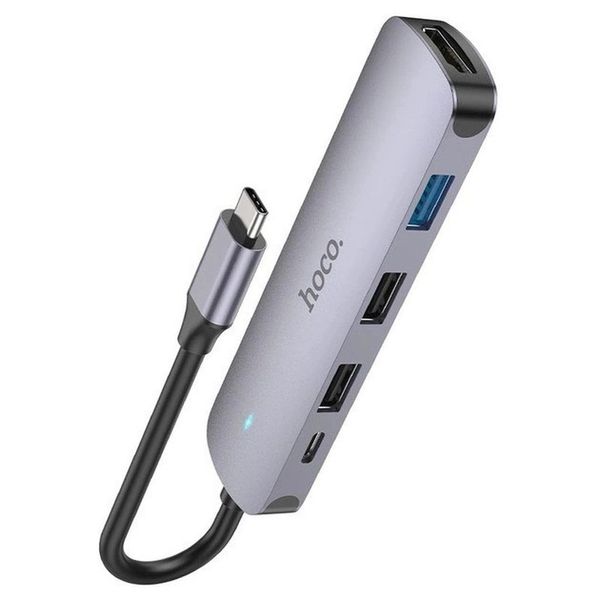 USB-хаб (адаптер-перехідник) Type-C(PD) Hoco HB27 Type-C multi-function converterHDTV+USB3.0+USB2.0*2+PD Metal Grey 00000002015 фото