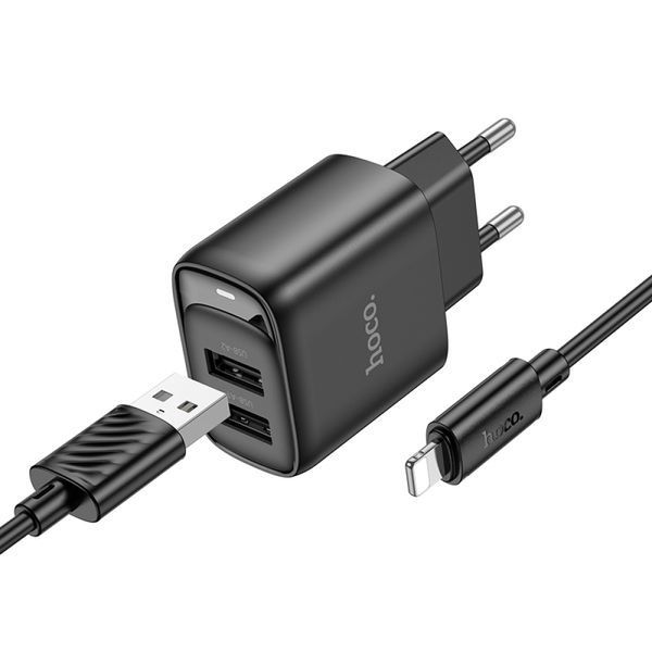 МЗП HOCO C141A Smart dual-port charger set 5V/2.1A + Lightning Black 00000000826 фото
