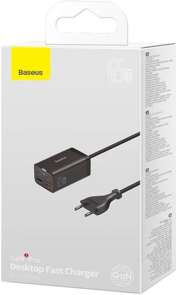 Мережевий зарядний пристрій Baseus GaN3 Pro Desktop Powerstrip 65W+кабель Type-C to Type-C Black (PSZM000901) Black 00000001040 фото