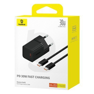 МЗП Baseus GaN5 Fast Charger(mini) 1C 30W EU Cable Type-C to Type-C 1m Black P10110902113-00 00000000741 фото