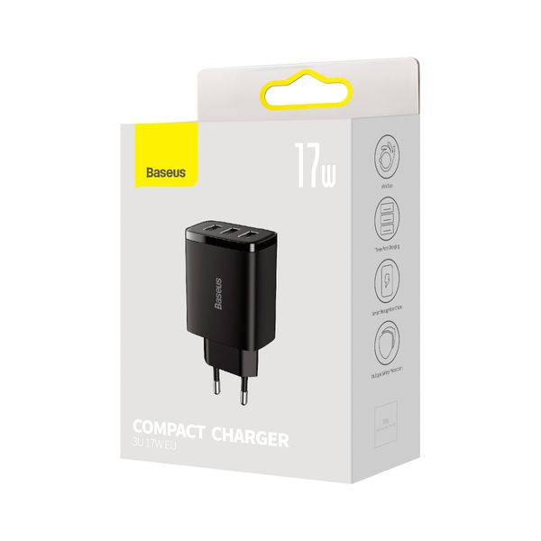 Мережевий зарядний пристрій Baseus Compact Charger 3U 17W (CCXJ020) Black 00000001038 фото