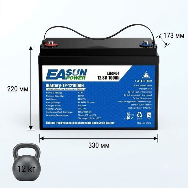 LiFePO4 12V/100Ah акумулятор Easun Power 1,2 кВт для систем резервного живлення 00000001096 фото