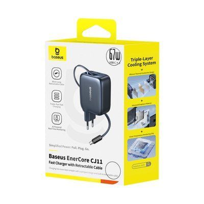 МЗП Baseus EnerCore CJ11 Fast Charger with Retractable Cable 3C 67W EU Black E0121E00 00000000385 фото