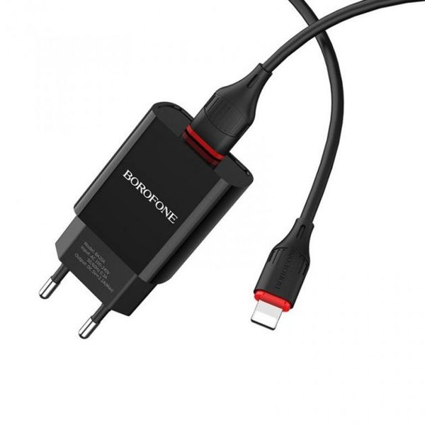 Мережевий зарядний пристрій Borofone BA20A Sharp 1USB / 2.1A+кабель Lightning Black 00000001059 фото