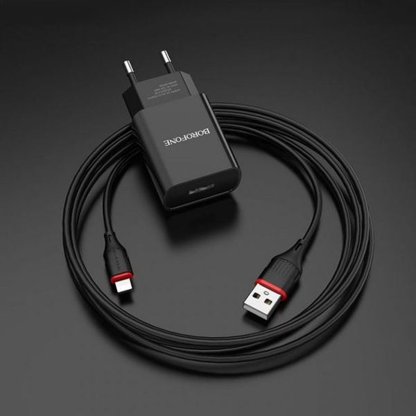 Мережевий зарядний пристрій Borofone BA20A Sharp 1USB / 2.1A+кабель Lightning Black 00000001059 фото