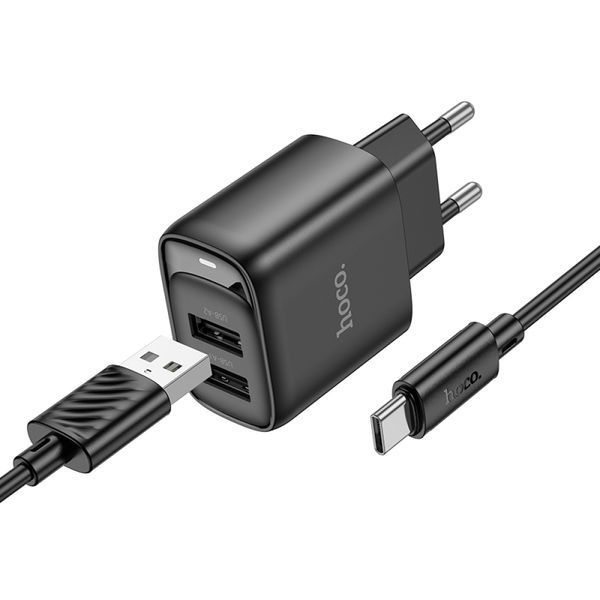 МЗП HOCO C141A Smart dual-port charger set 5V/2.1A + Type-C Cable Black 00000000851 фото