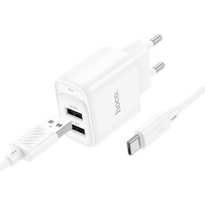 МЗП HOCO C141A Smart dual-port charger set 5V/2.1A + Type-C Cable White 00000000852 фото
