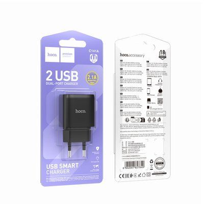 МЗП HOCO C141A Smart dual-port charger(EU) 5V/2.1A Black 00000000854 фото