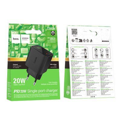 МЗП HOCO CS82A Excellent single port PD20W charger with digital display(EU) Black 00000000392 фото