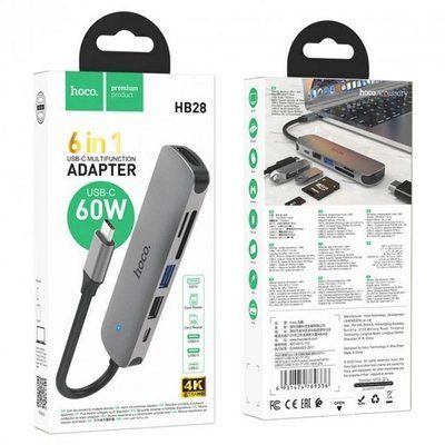 Type-C(PD) HUB HOCO HB28 Type-C multi-function converter (HDTV+USB3.0+USB2.0+SD+TF+PD) Metal Grey 00000001024 фото