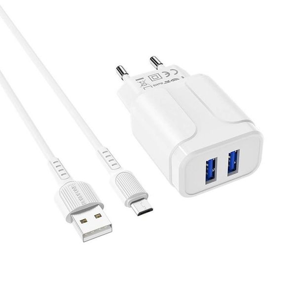 Мережевий Зарядний Пристрій Borofone BA37A 2USB 2.4A+кабель Micro USB White 00000001081 фото