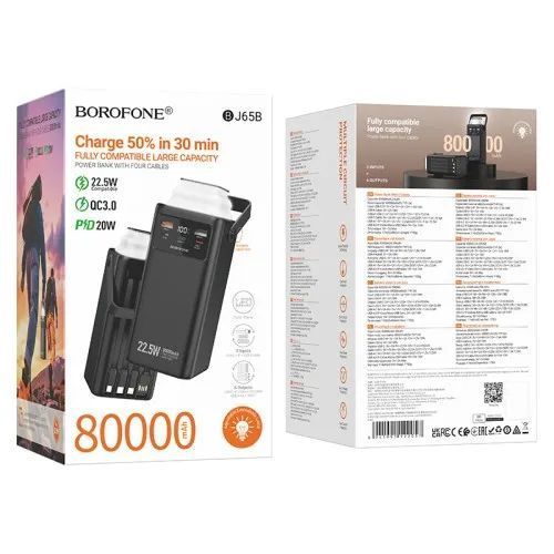 Зовнішній акумулятор (повербанк) BOROFONE BJ65B High 22.5W+PD20W+four-cables 80000mAh чорна 00000000248 фото