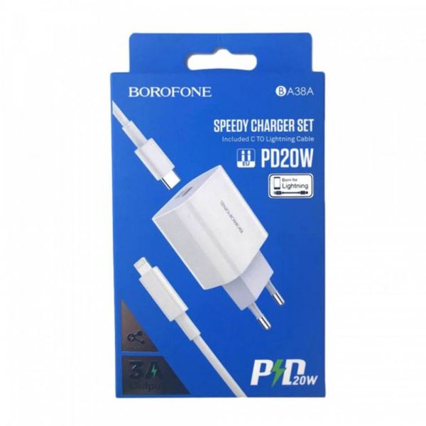 Мережевий зарядний пристрій Borofone BA38A Plus Speedy PD / QC3.0 / 20W+кабель Lightning to Type-C White 00000001082 фото