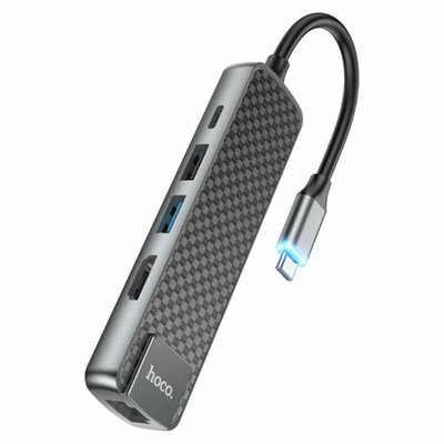 USB-хаб (кабель-перехiдник) Hoco HB23 Easy view Type-C multifunction adapter(HDTV+USB3.0+USB2.0+RJ45+PD) Metal Gray 00000006167 фото