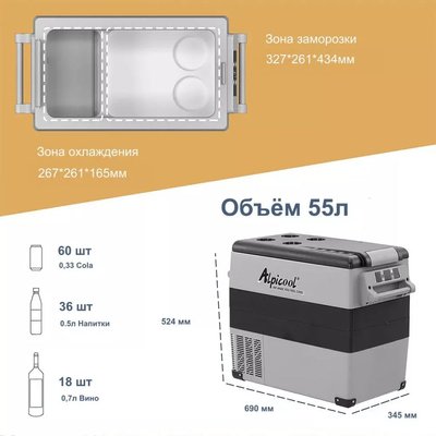 Компресорний автохолодильник Alpicool CF55 55 л. Охолодження до -20. Напруга 12, 24, 220 вольт 00000001998 фото