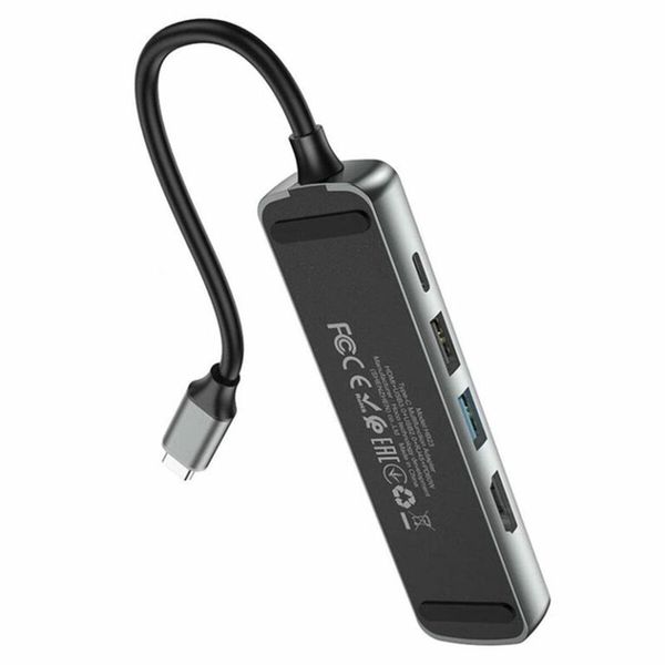 USB-хаб (кабель-перехiдник) Hoco HB23 Easy view Type-C multifunction adapter(HDTV+USB3.0+USB2.0+RJ45+PD) Metal Gray 00000006167 фото