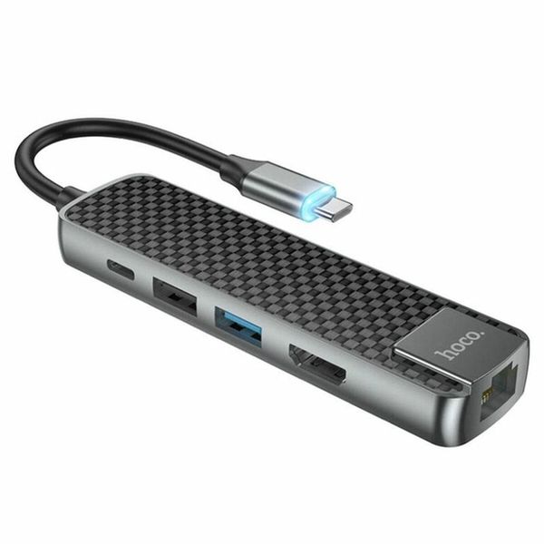 USB-хаб (кабель-перехiдник) Hoco HB23 Easy view Type-C multifunction adapter(HDTV+USB3.0+USB2.0+RJ45+PD) Metal Gray 00000006167 фото