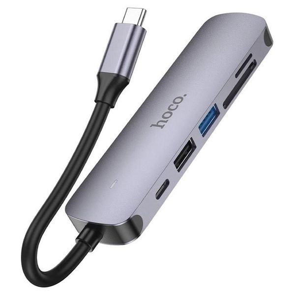 USB-хаб (кабель-перехідник/адаптер) Hoco HB28 Type-C multi-function converter(HDTV+USB3.0+USB2.0+SD+TF+PD) Metal Gray 00000006168 фото