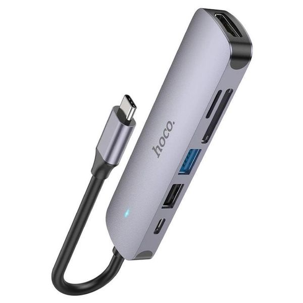 USB-хаб (кабель-перехідник/адаптер) Hoco HB28 Type-C multi-function converter(HDTV+USB3.0+USB2.0+SD+TF+PD) Metal Gray 00000006168 фото