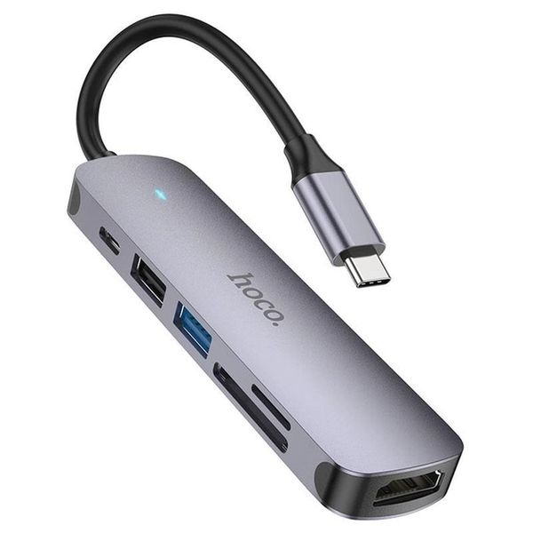 USB-хаб (кабель-перехідник/адаптер) Hoco HB28 Type-C multi-function converter(HDTV+USB3.0+USB2.0+SD+TF+PD) Metal Gray 00000006168 фото